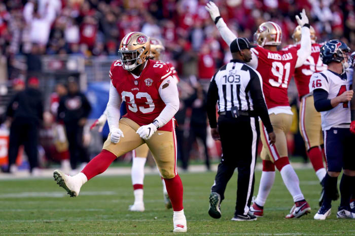 Jan 2, 2022; Santa Clara, California, USA; San Francisco 49ers defensive tackle D.J. Jones (93) celebrates after the Houston Texans missed a field goal attempt in the third quarter at Levi's Stadium. Mandatory Credit: Cary Edmondson-USA TODAY Sports